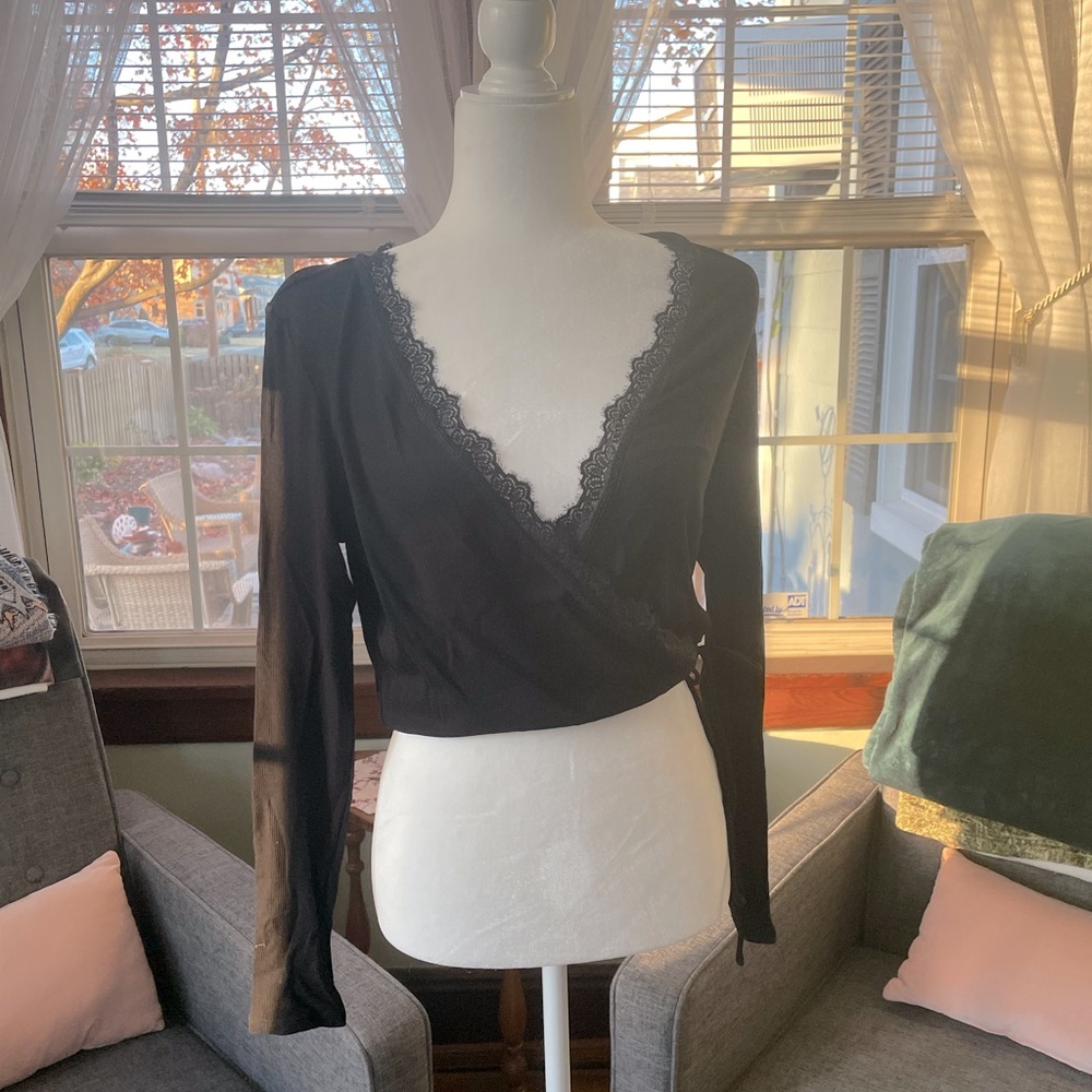 Lulus Faux Wrap Lace Top with Cinch Waist Detail